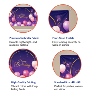 Happy Birthday Purple & Pink Balloon Backdrop (4x5 Ft) | High-Quality Fabric Banner with Eyelets | Party Decoration for Birthday Celebrations