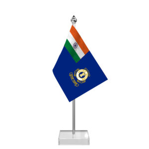 Indian Coast Guard Table Flag with 4inch x 6inch Flag, Stainless Steel & Transparent Acrylic Base