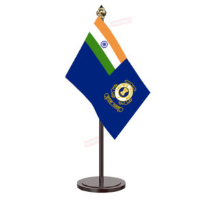 Indian Coast Guard Table Flag with Black Acrylic Plastic Pole & Round Base Table Miniature Flag