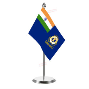 Indian Coast Guard Table Flag with Stainless Steel Pole & Base Table Miniature Flag