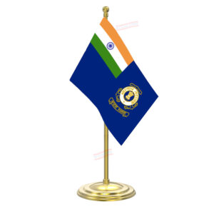 Indian Coast Guard Table Flag with Gold Coated Plastic Pole & Round Base Table Miniature Flag