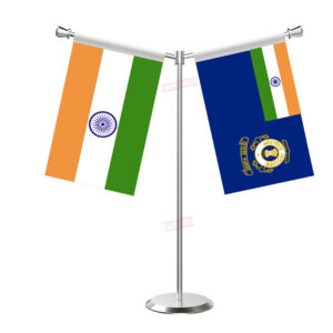Indian Coast Guard and India Y-Shaped Table Flag with Stainless Steel Base and Pole