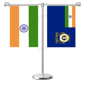 Indian Coast Guard T-Shaped Table Flag with Stainless Steel Base and Pole