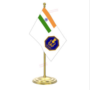 Indian Navy Table Flag with Gold Coated Plastic Pole & Round Base Table Miniature Flag