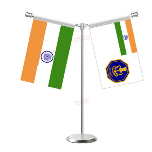 Indian Navy and India Y-Shaped Table Flag with Stainless Steel Base and Pole