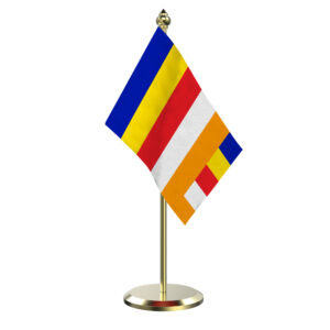 Buddhist Table Miniature Flag With Brass Base And Brass Pole
