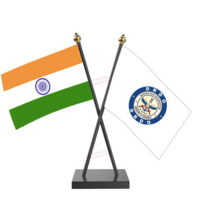 DRDO (Defence Research & Development Organisation) Cross Desk Flag with Black Acrylic Pole and Base