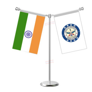 DRDO (Defence Research & Development Organisation) Y-Shaped Table Flag with Stainless Steel Base and Pole