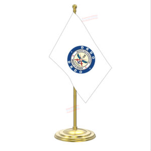 DRDO Defence Research & Development Organisation Flag with Gold Coated Plastic Pole & Round Base Table Flag