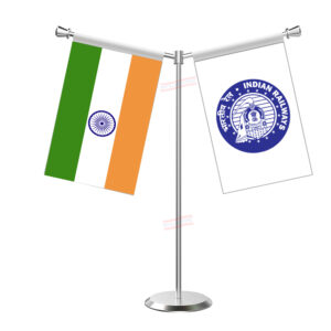 Indian Railways Y-Shaped Table Flag with Stainless Steel Base and Pole