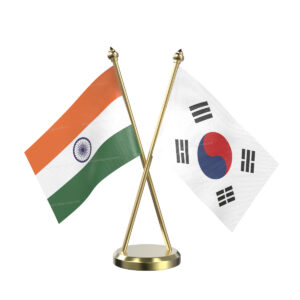 South Korea and India Cross Desk Flag with Brass Base and Pole