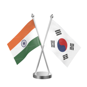 South Korea and India Cross Desk Flag with Stainless Steel Base and Pole