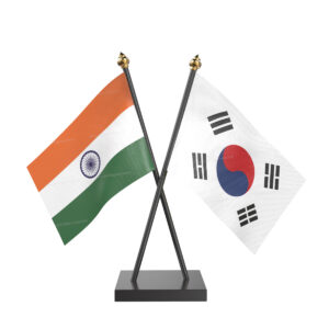 South Korea and India Cross Desk Flag with Black Acrylic Pole and Base