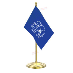 BSP (Bahujan Samaj Party) Flag with Gold Coated Plastic Pole & Round Base Table Miniature Flag