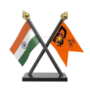 Jai Hanuman and India Cross Black Acrylic Car Flag with Black Base and Pole