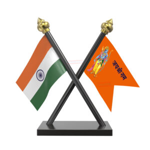Jai Shree Ram and India Cross Black Acrylic Car Flag with Black Base and Pole