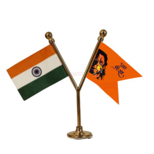 Jai Hanuman and India Flag Y-Shaped Car Flag with Gold Base and Pole