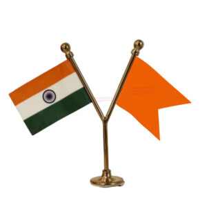 Bhagwa Flag and India Flag Y-Shaped Car Flag with Gold Base and Pole