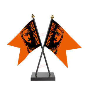 Shivaji Maharaj Janta Raja Cross Desk Flag with Black Acrylic Pole and Base