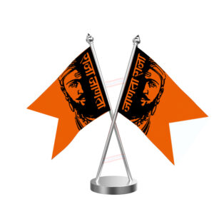 Shivaji Maharaj Janta Raja Cross Desk Flag with Stainless Steel Base and Pole