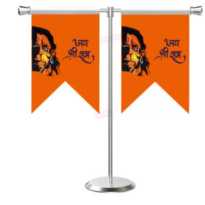 Jai Hanuman T-Shaped Table Flag with Stainless Steel Base and Pole