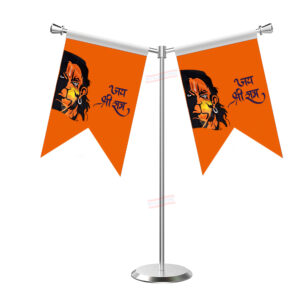 Jai Hanuman Y-Shaped Table Flag with Stainless Steel Base and Pole