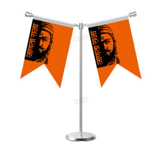 Shivaji Maharaj Janta Raja Y-Shaped Table Flag with Stainless Steel Base and Pole