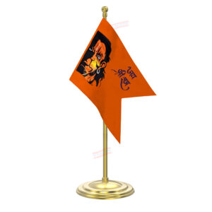 Jai Hanuman Table Flag with Gold Coated Plastic Pole & Round Base Table Miniature Flag