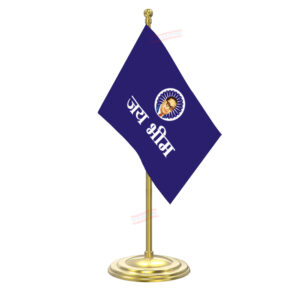Jai Bhim Table Flag with Gold Coated Plastic Pole & Round Base Table Miniature Flag