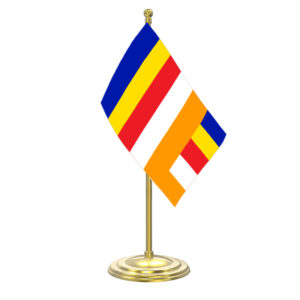 Buddhist Flag Table Flag with Gold Coated Plastic Pole & Round Base Table Miniature Flag