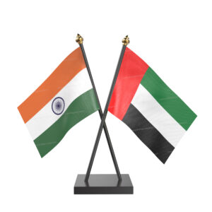UAE and India Cross Desk Flag with Black Acrylic Pole and Base