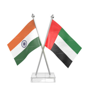 UAE and India Cross Desk Flag with Stainless Steel pole and transparent acrylic
