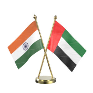 UAE and India Cross Desk Flag with Brass Base and Pole