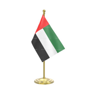 UAE Table Flag with Gold Coated Plastic Pole & Round Base - Table Miniature Flag