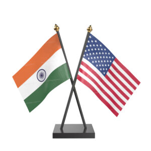 India and USA Cross Desk Flag with Black Acrylic Pole and Base
