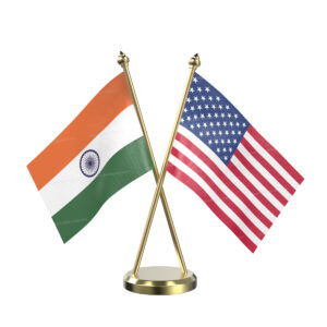 USA and India Cross Desk Flag with Brass Base and Pole