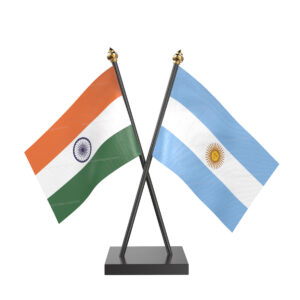 Argentina and India Cross Desk Flag with Black Acrylic Pole and Base