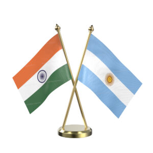 Argentina and India Cross Desk Flag with Brass Base and Pole