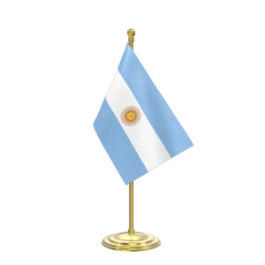 Argentina Table Flag with Gold Coated Plastic Pole & Round Base - Table Miniature Flag