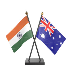 Australia and India Cross Desk Flag with Black Acrylic Pole and Base