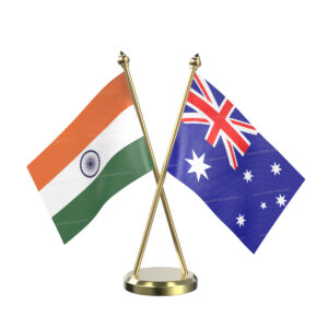 Australia and India Cross Desk Flag with Brass Base and Pole