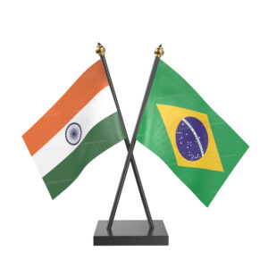Brazil and India Cross Desk Flag with Black Acrylic Pole and Base