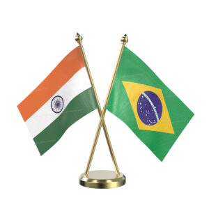 Brazil and India Cross Desk Flag with Brass Base and Pole