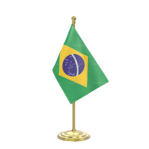Brazil Table Flag with Gold Coated Plastic Pole & Round Base - Table Miniature Flag