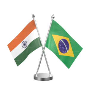 Brazil and India Cross Desk Flag with Stainless Steel Base and Pole