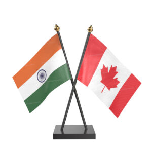 Canada and India Cross Desk Flag with Black Acrylic Pole and Base
