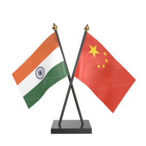 China and India Cross Desk Flag with Black Acrylic Pole and Base