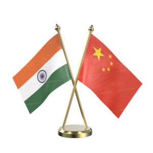 China and India Cross Desk Flag with Brass Base and Pole