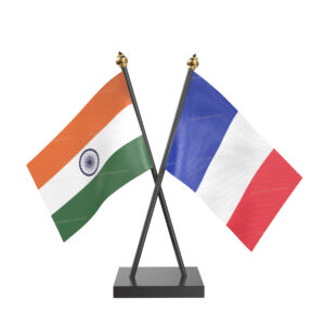 France and India Cross Desk Flag with Black Acrylic Pole and Base