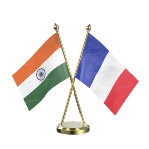 France and India Cross Desk Flag with Brass Base and Pole